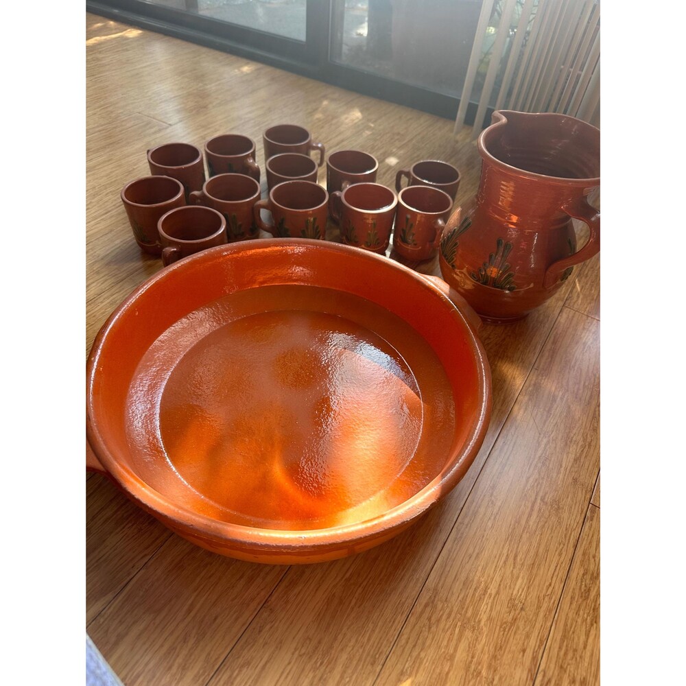 gorgeous pottery set. pitcher, tray, 12 cups